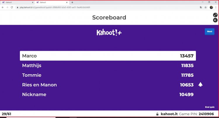 Tussenstand Kahoot